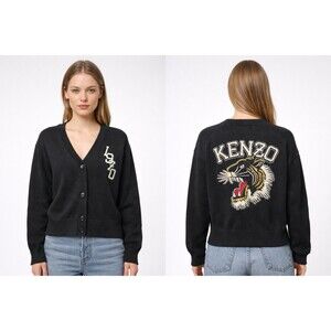 Kenzo Paris Size M Black Cardigan Varsity Jungle Tiger Wool Blend Embraided